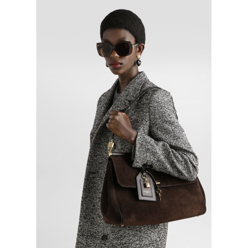 Grand Sac à main DOLCE & GABBANA My Sicily en cuir de veau daim marron bandoulière porte clés