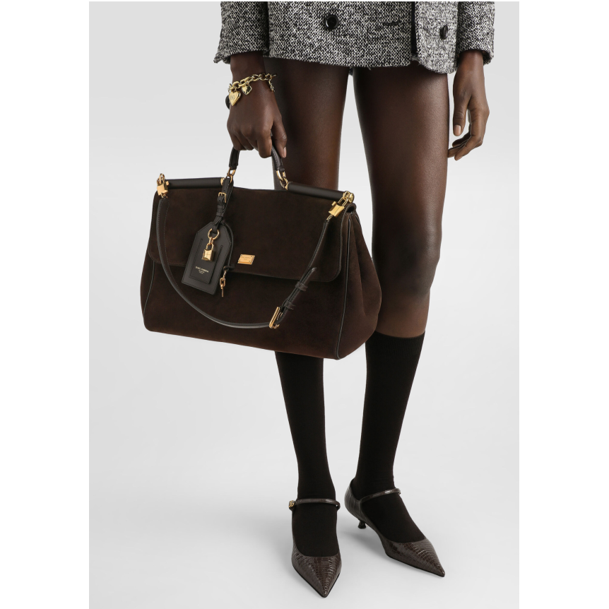Grand Sac à main DOLCE & GABBANA My Sicily en cuir de veau daim marron bandoulière porte clés