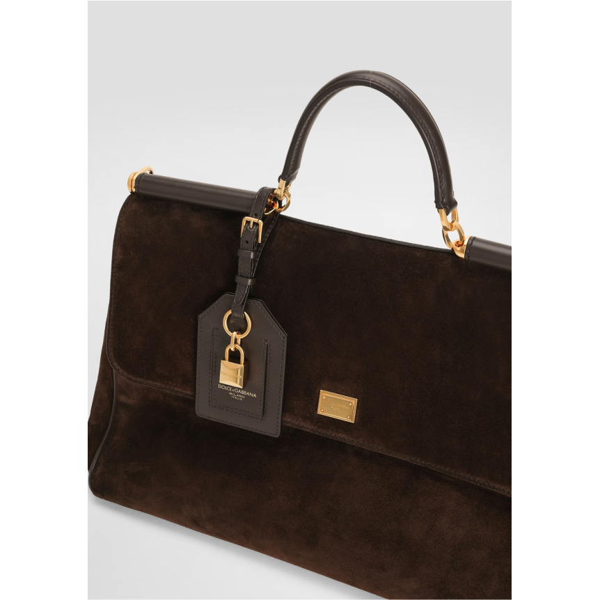 Grand Sac à main DOLCE & GABBANA My Sicily en cuir de veau daim marron bandoulière porte clés