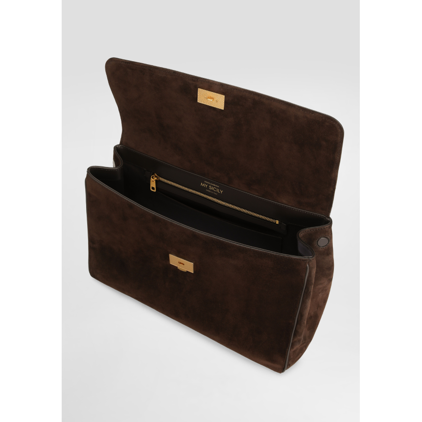 Grand Sac à main DOLCE & GABBANA My Sicily en cuir de veau daim marron bandoulière porte clés