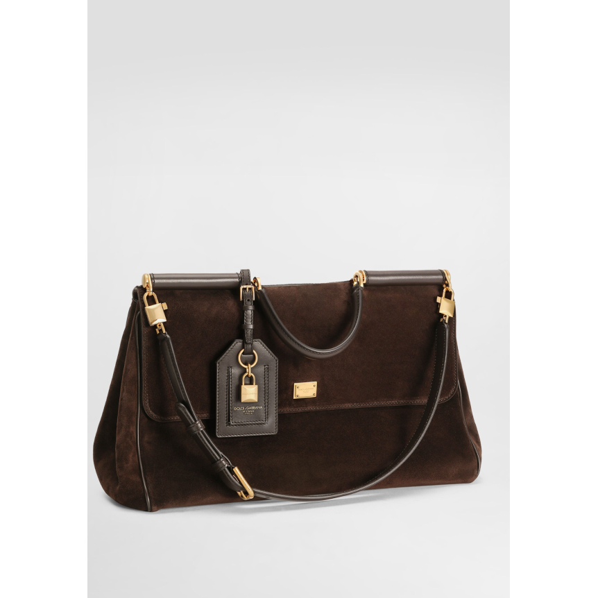 Grand Sac à main DOLCE & GABBANA My Sicily en cuir de veau daim marron bandoulière porte clés