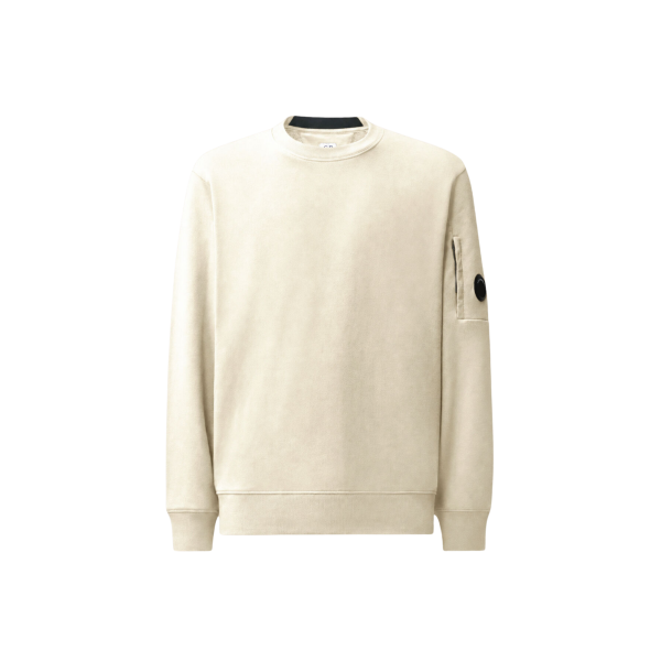 Sweat shirt col rond CP COMPANY molleton à relief diagonal coton côtelé écru lentille poche