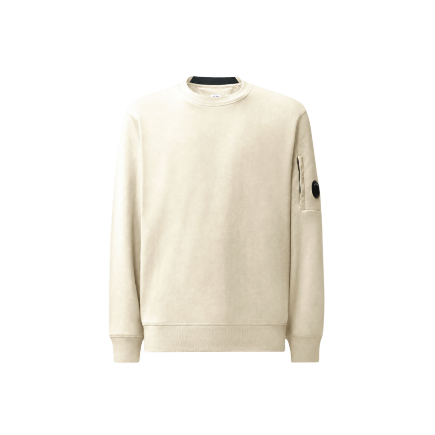 Sweat shirt col rond CP COMPANY molleton à relief diagonal coton côtelé écru lentille poche