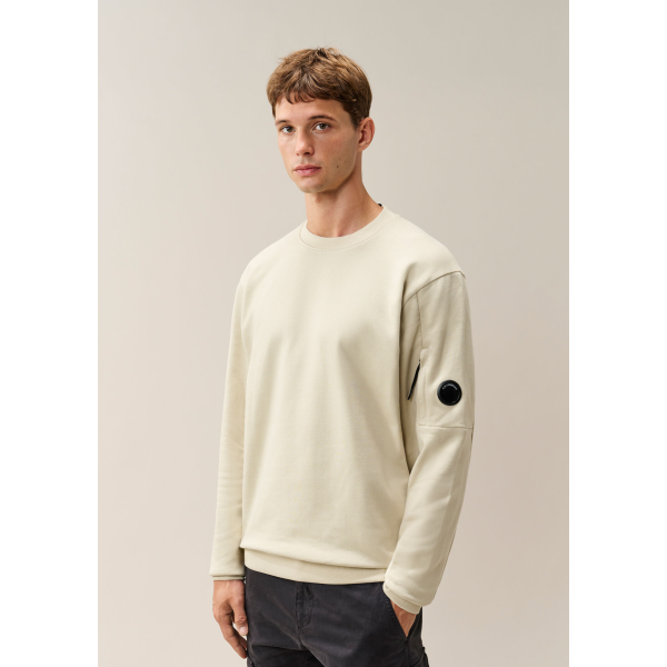 Sweat shirt col rond CP COMPANY molleton à relief diagonal coton côtelé écru lentille poche