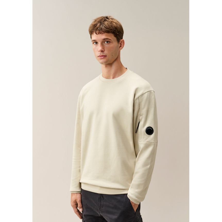 Sweat shirt col rond CP COMPANY molleton à relief diagonal coton côtelé écru lentille poche