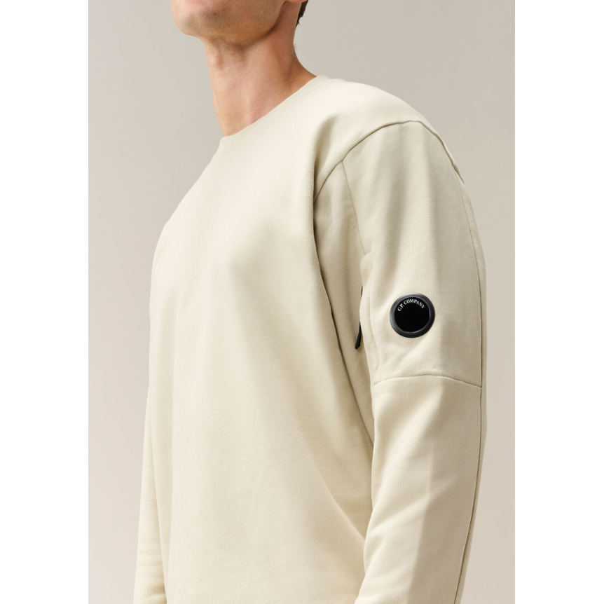 Sweat shirt col rond CP COMPANY molleton à relief diagonal coton côtelé écru lentille poche