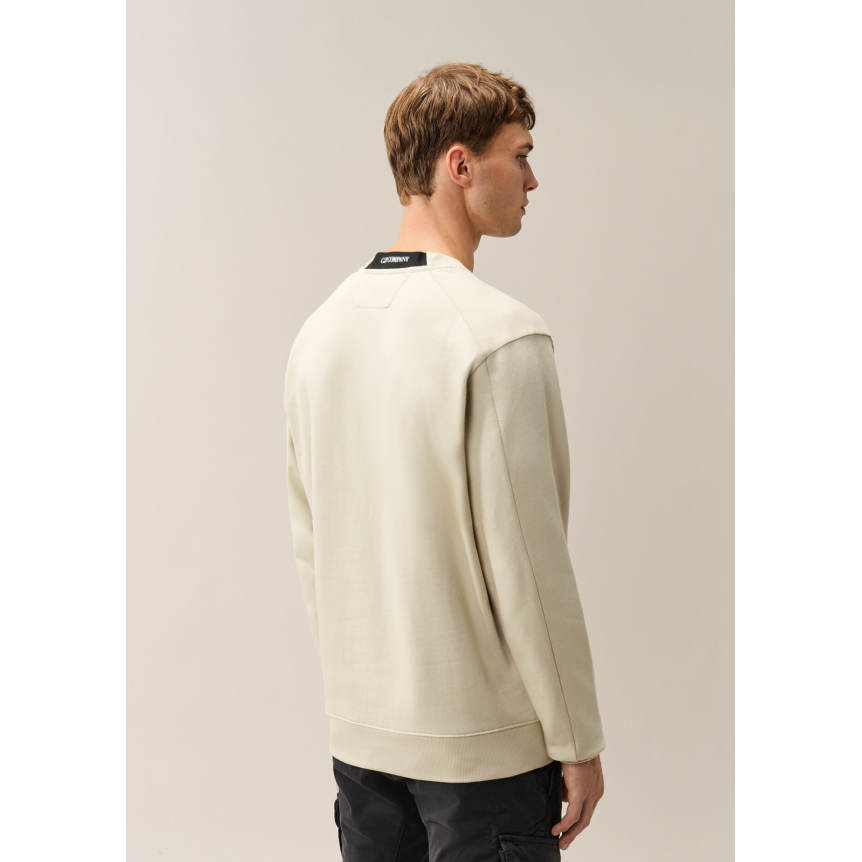 Sweat shirt col rond CP COMPANY molleton à relief diagonal coton côtelé écru lentille poche