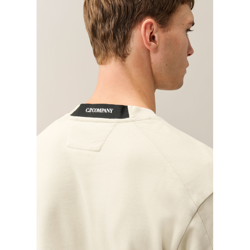 Sweat shirt col rond CP COMPANY molleton à relief diagonal coton côtelé écru lentille poche