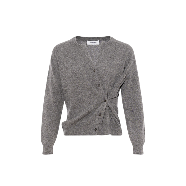 Cardigan fin YVES SALOMON cachemire gris col rond en maille bouton asymétrique