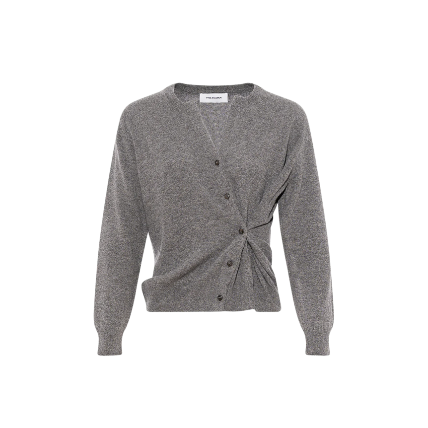Cardigan fin YVES SALOMON cachemire gris col rond en maille bouton asymétrique