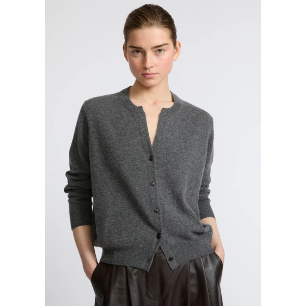 Cardigan fin YVES SALOMON cachemire gris col rond en maille bouton asymétrique