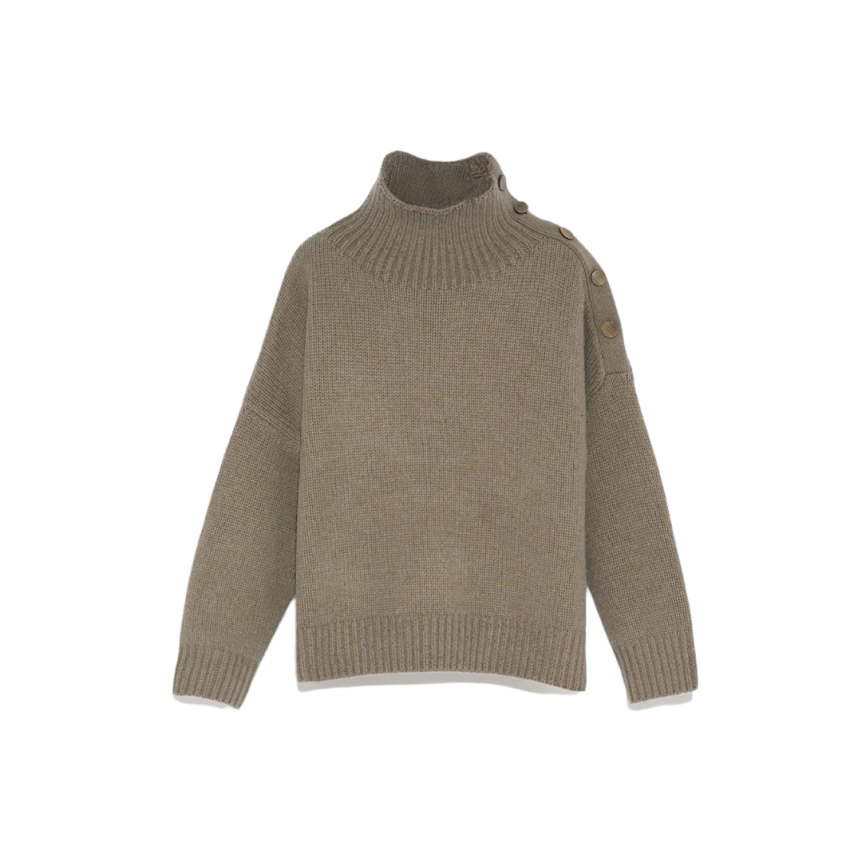 Pull col cheminée YVES SALOMON laine cachemire vert gris boutons epaule