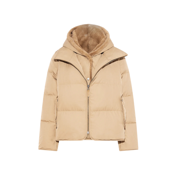 Doudoune YVES SALOMON "A" line iconique avec plastron et capuche fourrure de vison beige