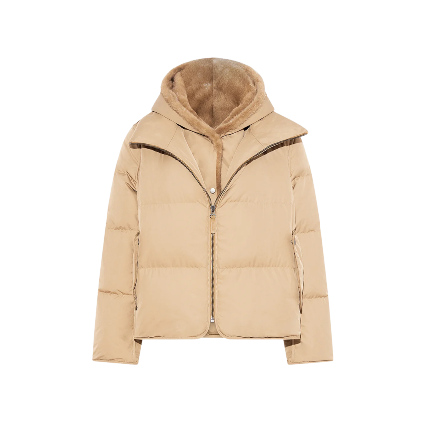 Doudoune YVES SALOMON "A" line iconique avec plastron et capuche fourrure de vison beige