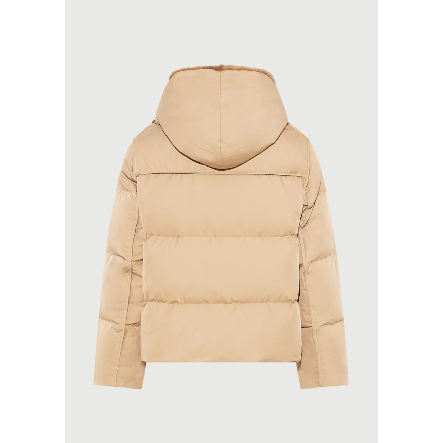 Doudoune YVES SALOMON "A" line iconique avec plastron et capuche fourrure de vison beige