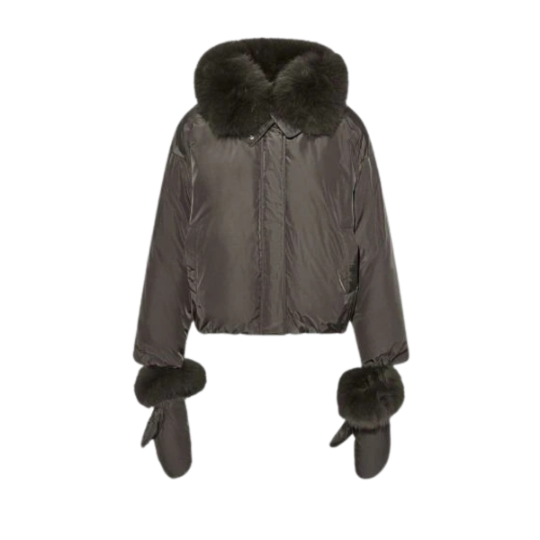 Doudoune courte YVES SALOMON en tissu technique nylon gris kaki col amovible en fourrure de renard moufles