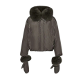 Doudoune courte en tissu technique nylon gris kaki col amovible en fourrure de renard moufles