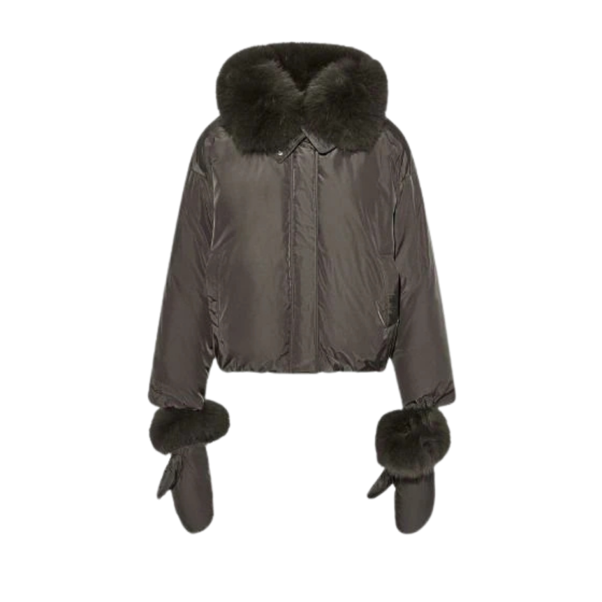 Doudoune courte YVES SALOMON en tissu technique nylon gris kaki col amovible en fourrure de renard moufles