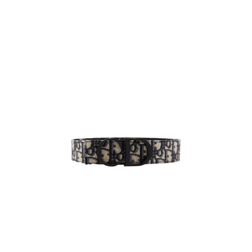 Ceinture 30 Montaigne réversible Cuir veau lisse bleu toile jacquard Dior Oblique