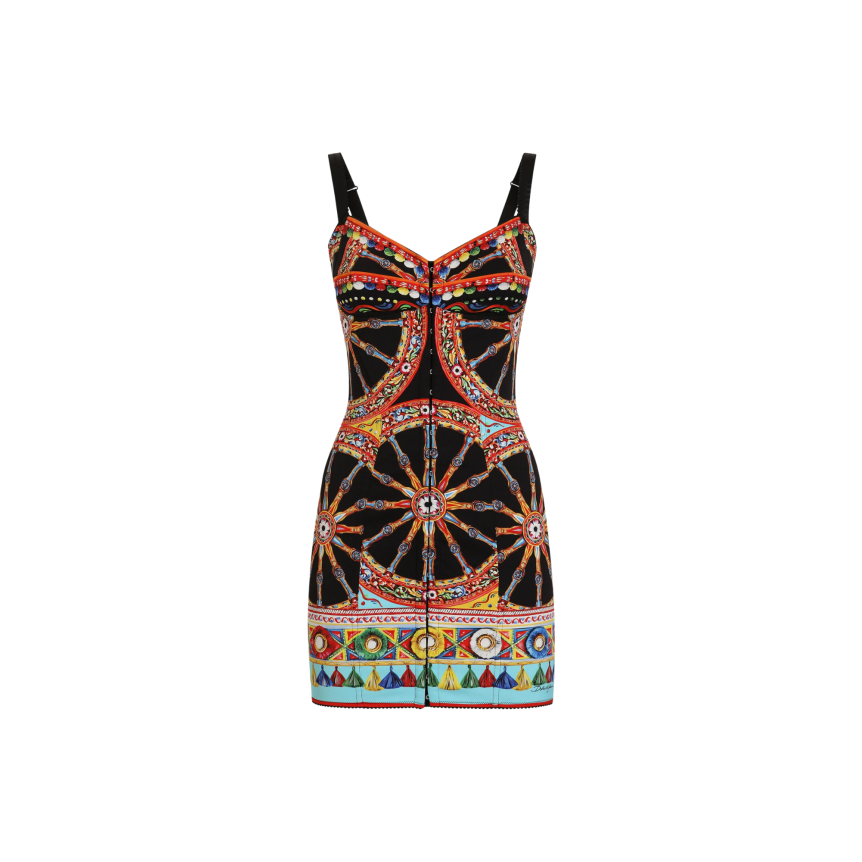 robe courte DOLCE & GABBANA en charmeuse soie mélangée noire à imprimé Carretto