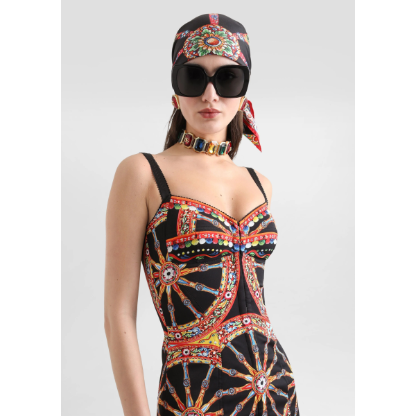 robe courte DOLCE & GABBANA en charmeuse soie mélangée noire à imprimé Carretto