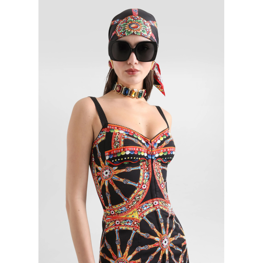 robe courte DOLCE & GABBANA en charmeuse soie mélangée noire à imprimé Carretto