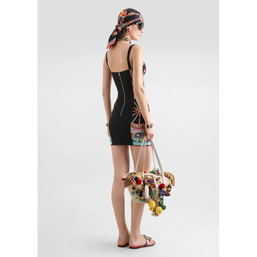 robe courte DOLCE & GABBANA en charmeuse soie mélangée noire à imprimé Carretto