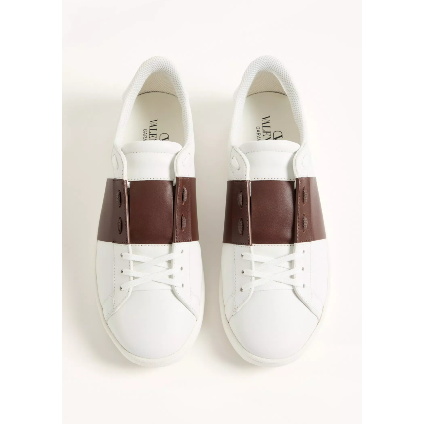 Basket Sneaker VALENTINO lacet New Open Royco cuir blanc bande marron