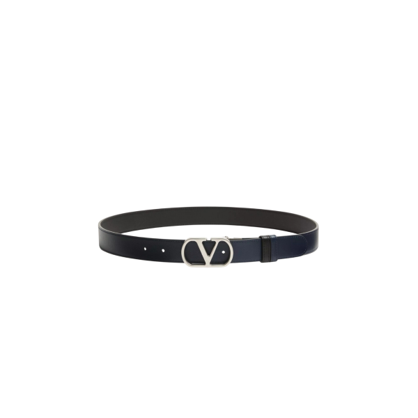 Ceinture réversible VALENTINO cuir veau brillant noir bleu marine VLogo argent