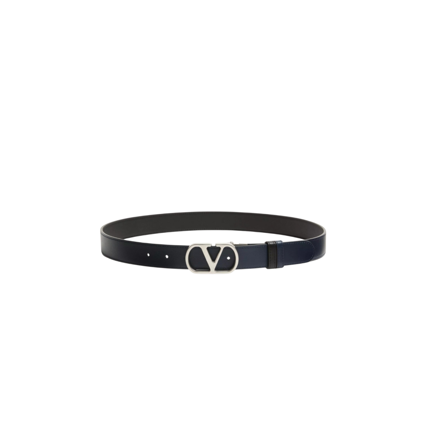 Ceinture réversible VALENTINO cuir veau brillant noir bleu marine VLogo argent
