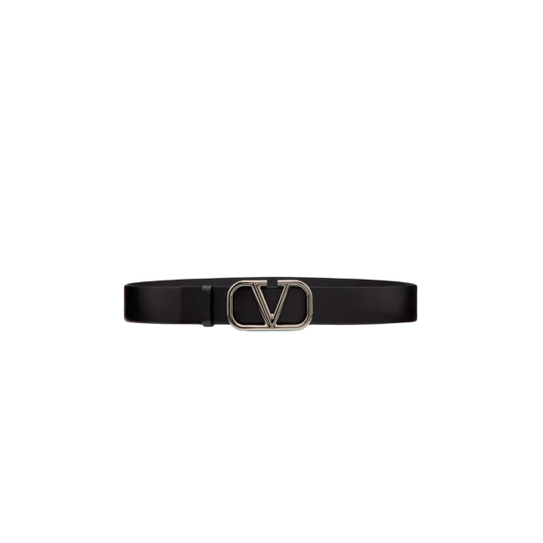 Ceinture VALENTINO cuir veau noir boucle logo V argent