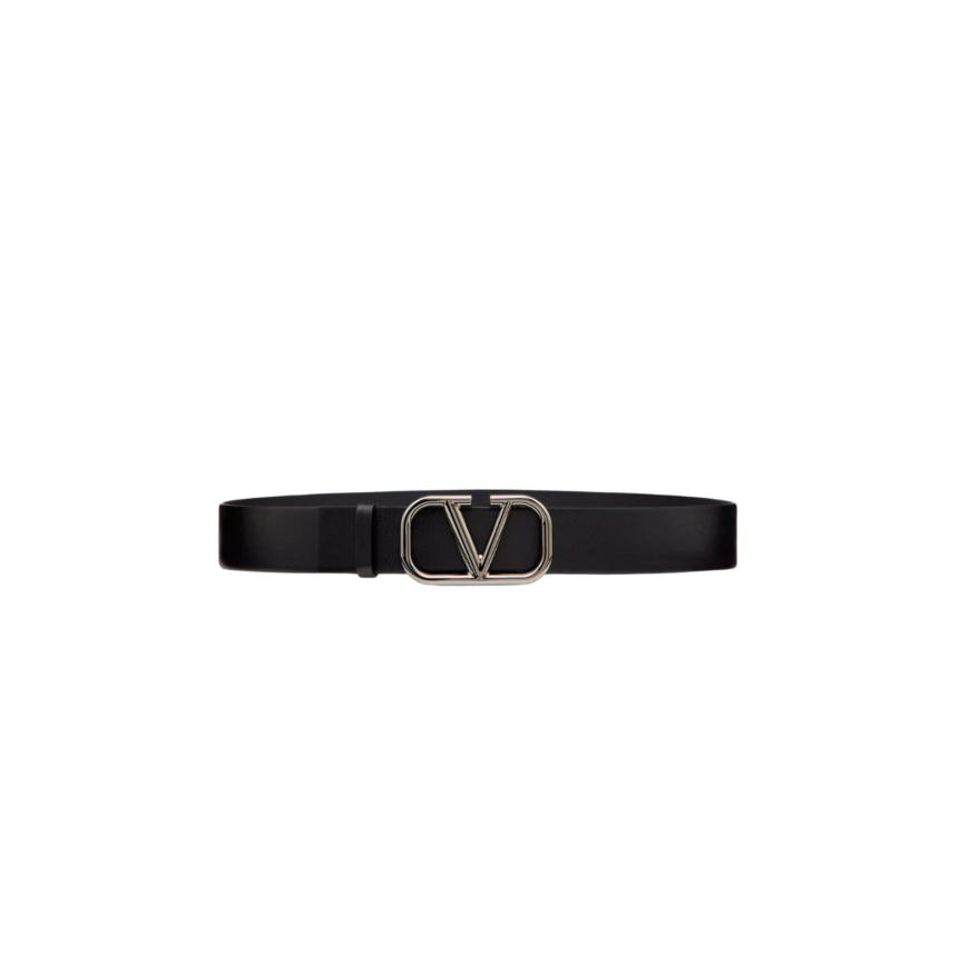 Ceinture VALENTINO cuir veau noir boucle logo V argent