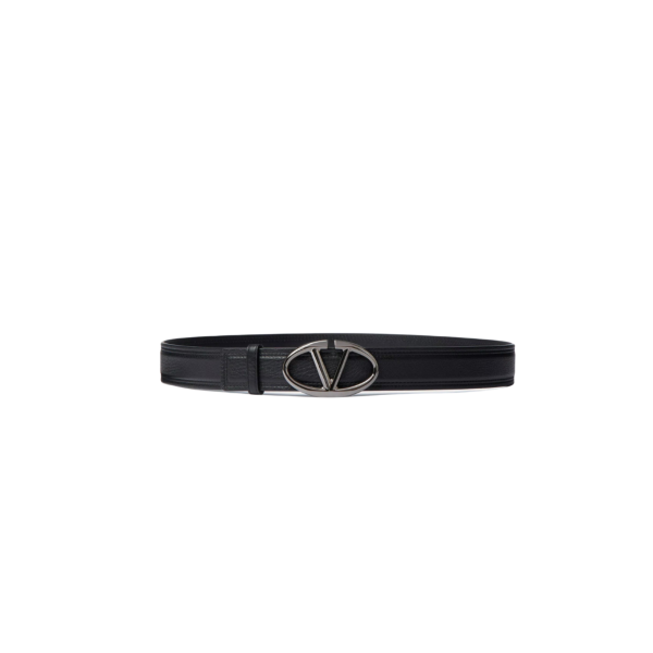 Ceinture The Bold Edition cuir veau grainé noir boucle logo V oval