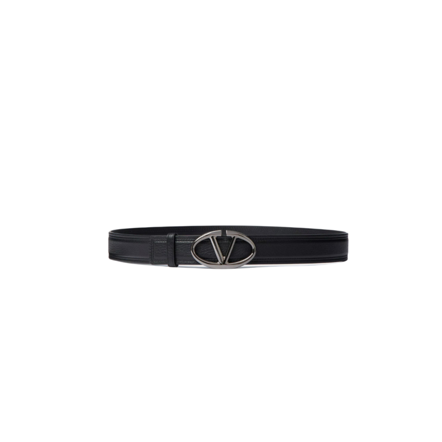 Ceinture The Bold Edition cuir veau grainé noir boucle logo V oval