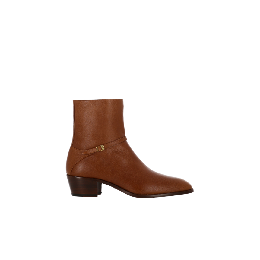 Bottines Boots VALENTINO Pat cuir chevreau tabac boucle V Logo signature