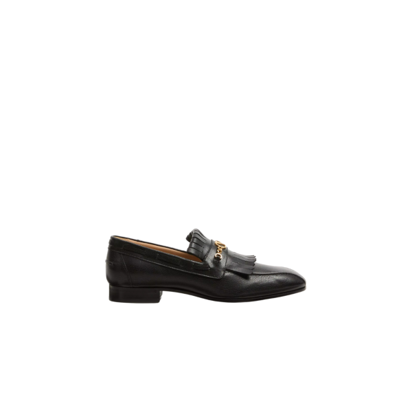 Mocassins VALENTINO cuir noir V logo signature doré franges