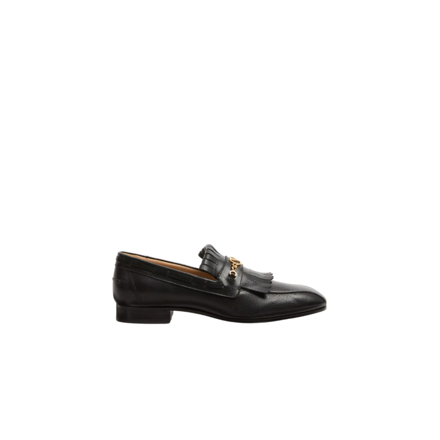 Mocassins VALENTINO cuir noir V logo signature doré franges