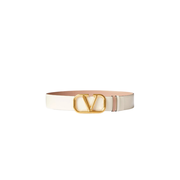 Ceinture VALENTINO Signature cuir rose réversible écru V logo dore