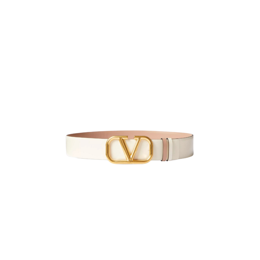Ceinture VALENTINO Signature cuir rose réversible écru V logo dore