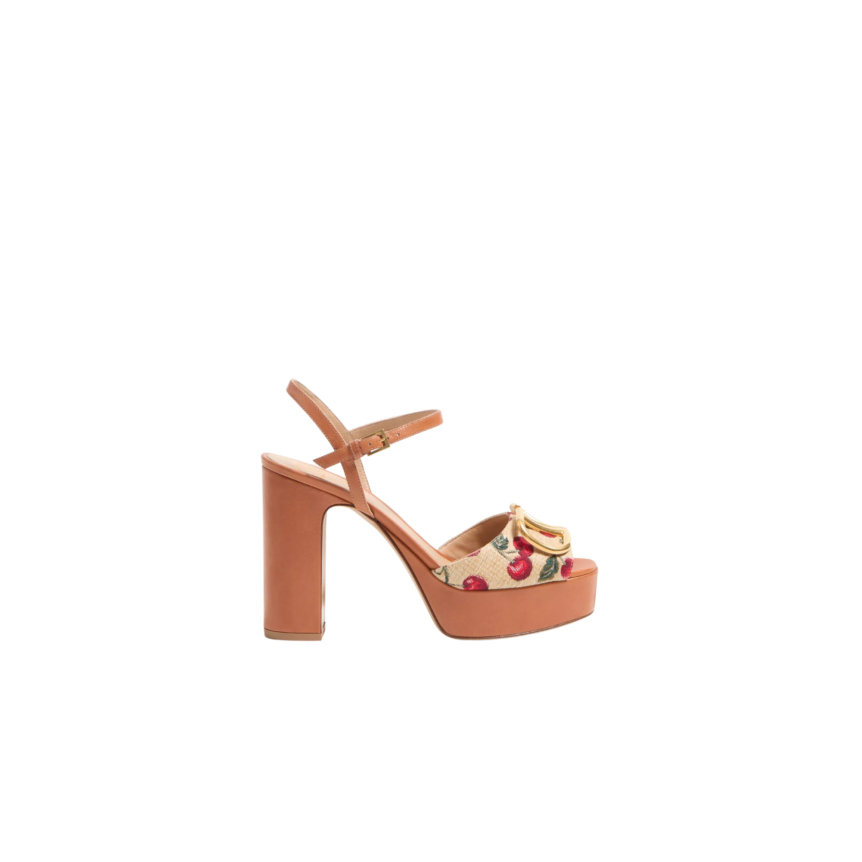 Sandales à plateau VALENTINO V logo signature Raphia motif Cerises