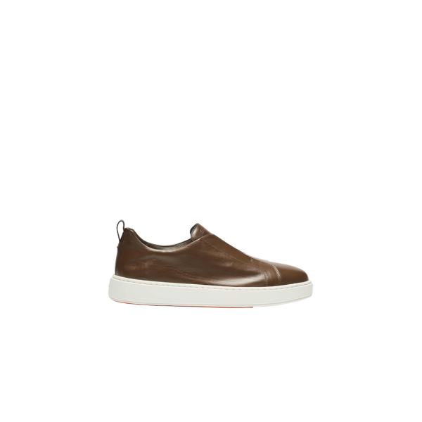 Baskets sans lacets SANTONI sneaker à enfiler cuir ultra touch marron
