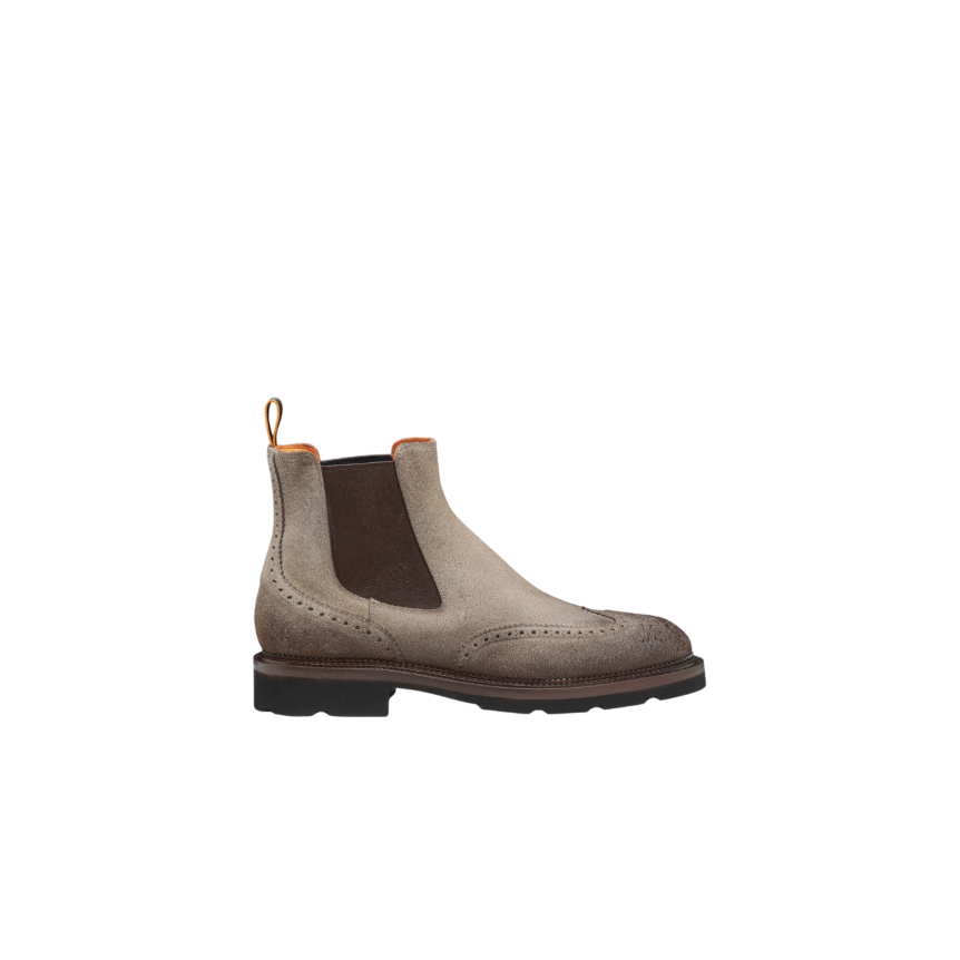 SANTONI Bottines Boots Chelsea daim beige naturel bout fleuri