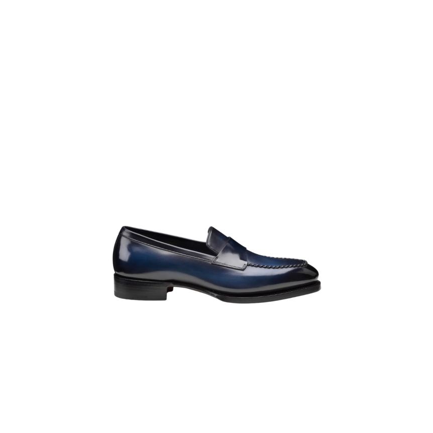 Mocassin SANTONI Penny Collection Meraviglia Edition limitée cuir bleu marine surpiqures