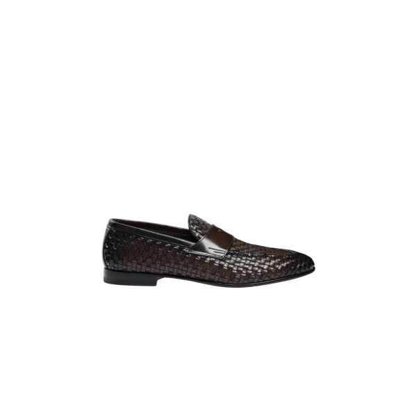 Mocassins SANTONI penny cuir tresse marron chocolat
