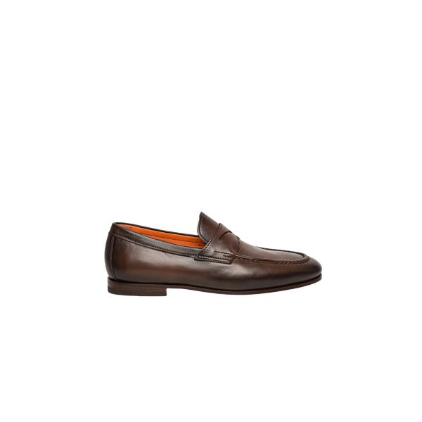 Mocassin SANTONI Penny cuir marron chocolat surpiqure tresse