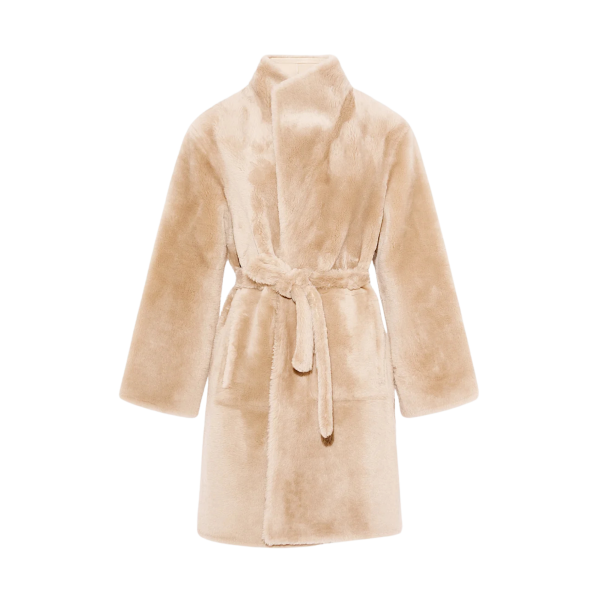 Manteau YVES SALOMON peau lainée agneau shearling réversible cuir beige ceinture