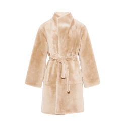 Manteau YVES SALOMON peau lainée agneau shearling réversible cuir beige ceinture