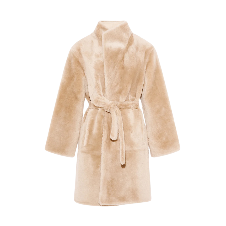 Manteau YVES SALOMON peau lainée agneau shearling réversible cuir beige ceinture