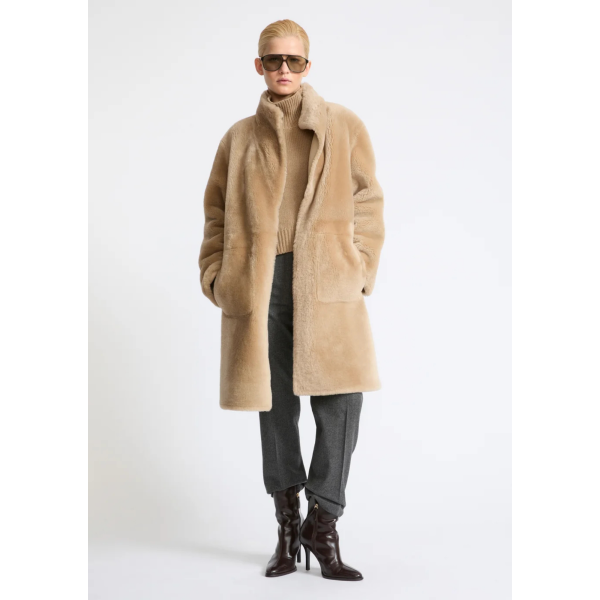 Manteau YVES SALOMON peau lainée agneau shearling réversible cuir beige ceinture