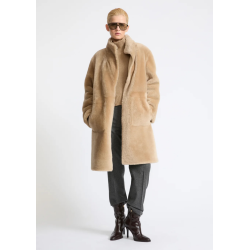 Manteau YVES SALOMON peau lainée agneau shearling réversible cuir beige ceinture